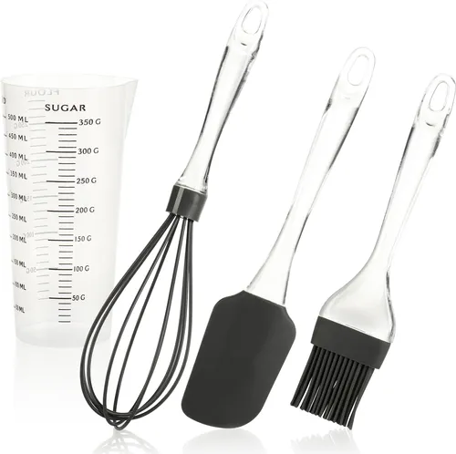 com-four® 4-teiliges Backset mit Teigschaber, Pinsel, Schneebesen und Messbecher - Backzubehör - aus Silikon und Kunststoff