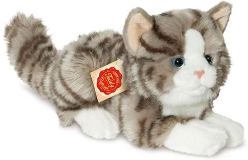 Teddy-HERMANN Plüsch Katze liegend grau 20cm - Plüsch Katze für Haustiere, weich und kuschelig, ideal für Kinder ab Geburt, mit Sicherheitsaugen und pflegeleicht bei 30°C Schonwäsche.