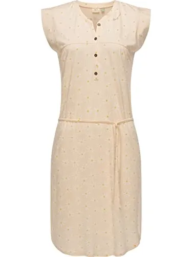 Ragwear Damen Kleid Midi Zofka Beige Gr. M - Freizeitkleid für Damen mit floralem Allover Print und Bindeband für eine tolle Taille, ideal für warme Tage und einen femininen Look.