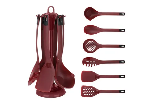 Cheffinger Kochbesteck-Set Küchenhelfer Küchenutensilien Set mit Ständer 7-tlg. weinrot (Küchenhelfer-Set bestehend aus 7 Teilen)