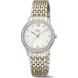 Boccia Armbanduhr Damen Trend 3376-02 Titan, Teil-Goldplattiert - Elegante Damenuhr mit 30 mm Titangehäuse, kratzfestem Saphirglas und funkelnden Glaskristallen. Ideal für den Alltag und besondere Anlässe.