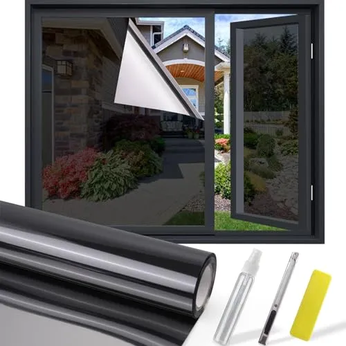 UIOK Spiegelfolie Fenster Sichtschutz, Fensfolie Sonnenschutzfolie Fenster innen oder außen 44.5 x 400 cm UV-Schutz Spiegelfolie, Fensterfolie Blickdicht Dunkelgrau Selbstklebend Sichtschutzfolie