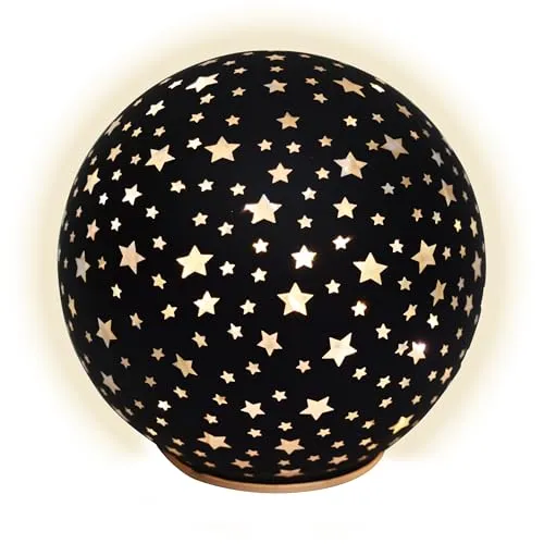 LED Weihnachts Glaskugel Sterne zum Stellen schwarz mit Timer - 15 cm - Dekokugel Aufsteller warm weiß beleuchtet Batterie betrieben - Kugel Advent Winter Stimmungslicht Decoration edel elegant