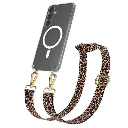 EAZY CASE Handykette - Verstellbares Taschenband kompatibel mit Galaxy S24 Plus, Schulterriemen, Handykordel mit Silikon Hülle, Qi Charging kompatibel, Umhängetasche, Leo - Schwarz Braun Metall Gold