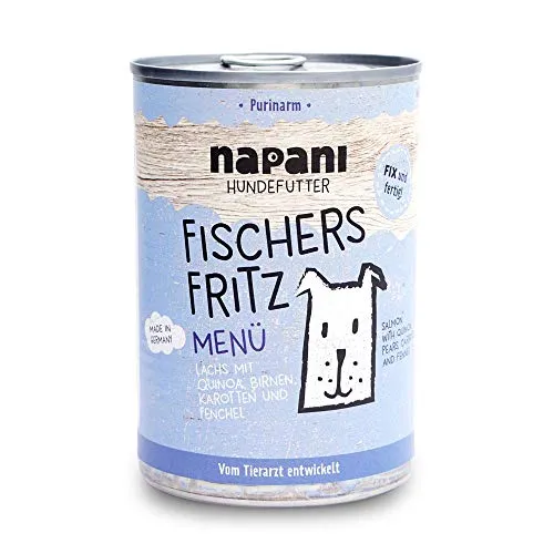 napani - Premium Hundefutter nass, Bio Nassfutter für Hunde, Fischers Fritz mit Lachs aus Wildfang & Quinoa, purinarm, schonend gegart, ohne Zusatzstoffe, 1 x 400g