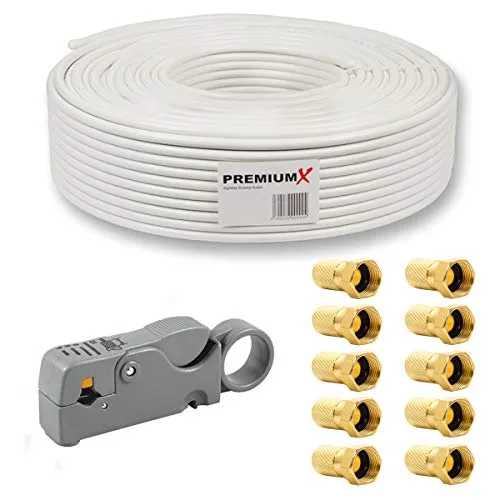 Premium X 50m Koaxialkabel 135dB - 4-fach abgeschirmt - HiFi-Kabel für perfekten Empfang - Ideal für Satellitenanlagen und Kabelfernsehen, inklusive 10 F-Stecker und Entmanteler. UV-beständig und für Außenanwendungen geeignet.