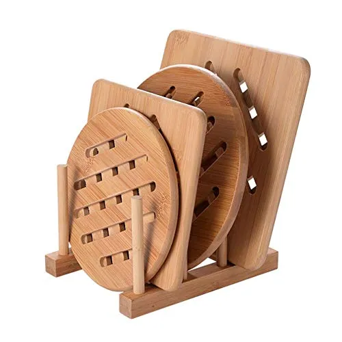 Cozywind Topfuntersetzer Untersetzer aus Bambus-Holz 4er Topf Untersetzer Hitzebeständig Pfannenuntersetzer-Set mit Abtropfgestell für Küche Schüssel Töpfe und Pfannen (15cm+18cm)