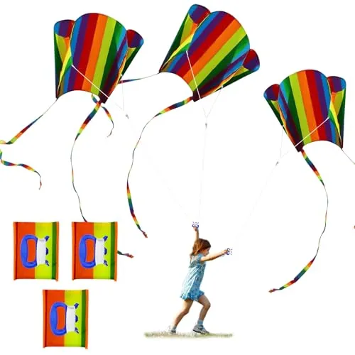 SAIIURV Kinder Drachen - 3 Stück Einfach zu Fliegen für Anfänger und Erwachsene, Regenbogen Kinderdrachen mit Langen Schwänzen, Einleiner Drachen Flugspielzeug Outdoor Beach