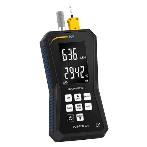 PCE Instruments Hygrometer PCE-THD 50S - Materialfeuchtemessgerät für präzise Messungen von Temperatur und Luftfeuchtigkeit, ideal für Lagerhallen und Gewächshäuser.