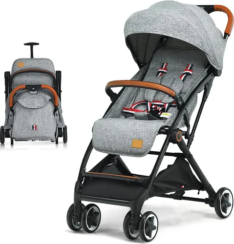 COSTWAY Kinderwagen einhand faltbar, Kinderbuggy mit verstellbare Rückenlehne & Fußstütze & Verdeck, Reisebuggy mit Liegefunktion, 5-Punkt-Sicherheitsgurt für Baby bis 3 Jahren, 15 kg Belastbar(Grau)