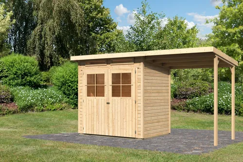 Karibu Gartenhaus Glücksburg 2 mit Anbaudach, naturbelassen 387x156 cm - Gartenhaus aus nordischer Fichte mit wasserabweisender Profilierung, inklusive Anbaudach für zusätzlichen Stauraum und bruchsicherer Türverglasung.