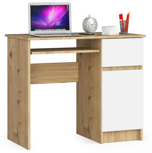 Raumhirsch Furniture Schreibtisch Piksel, Eiche Artisan, Weiß, 90x77x50 cm, moderner Bürotisch - Der Schreibtisch Piksel vereint Funktionalität und skandinavisches Design. Mit kompakten 90 cm bietet er Stauraum für Bücher und Materialien und ist ideal für kleine Räume. Die kratzfeste Oberfläche sorgt für einfache Pflege.