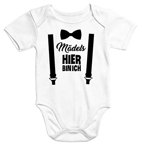 MoonWorks® Kurzarm Baby-Body mit Aufdruck Mädels hier bin ich lustig Spruch Strampler Bio-Baumwolle Weiss 6-12 Monate
