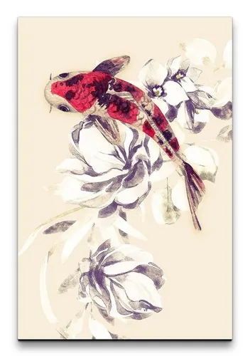 Sinus Art Leinwandbild Koi Fisch Zuchtkarpfen Asiatisch Wasserfarben Yin Yang Blumen