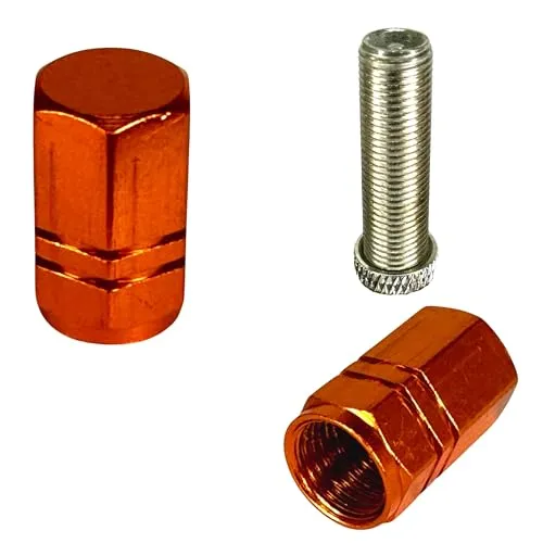 F26 Fahrrad Ventilkappen AV Schrader, Aluminium, 2 Stück, Orange | Ventildeckel für Auto-Ventile an MTB, E-Bike, Gabel, Dämpfer und Motorrad