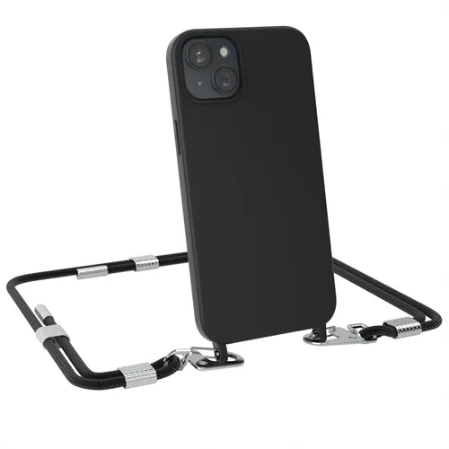 Produktbild Hülle mit Band für Apple iPhone 15 Plus Handykette Tasche Silikonhülle Schwarz