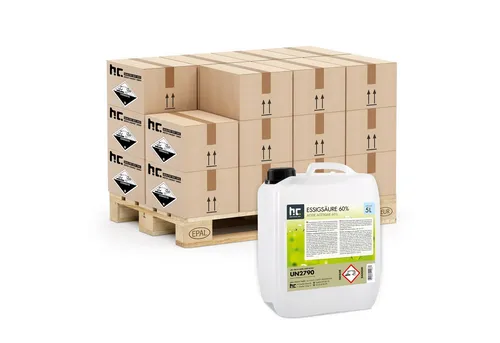 Höfer Chemie® Essigsäure 60% - 48x 5 L Kanister Grundreiniger - Reinigungsmittel, hochkonzentrierte Essigsäure 60% für vielseitige Anwendungen im Haushalt, biologisch abbaubar und effektiv gegen Kalk, Rost und Verunreinigungen.