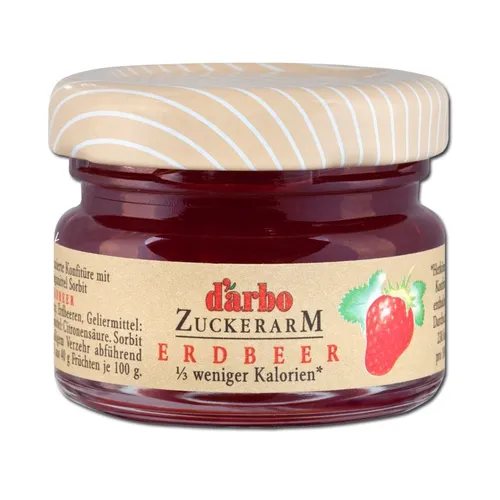 Darbo Zuckerarm Erdbeer Marmelade im Miniglas, 60 Stück - Konfitüren & Fruchtaufstriche, zuckerreduzierte Erdbeermarmelade im praktischen Miniglas für bewussten Genuss.
