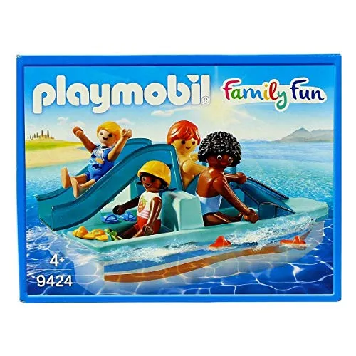 PLAYMOBIL Family Fun 9424 Tretboot - Spielfigur Spielsets: Tretboot mit Wasserrutsche, 4 Figuren und viel Zubehör für endlosen Spielspaß! Robuste Qualität, ideal für Kinderhände und leicht zu reinigen.