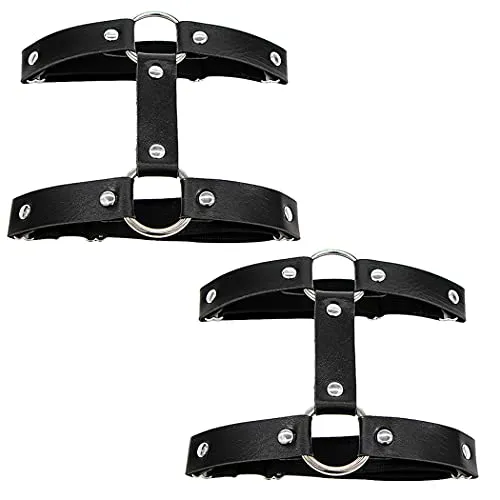 Aabellay 2PCS Leder Strumpfband Oberschenkel Ring Harness Suspender Gothic Gummi Nieten Strapsbänder Verstellbare mit Metall Clip - Schwarz