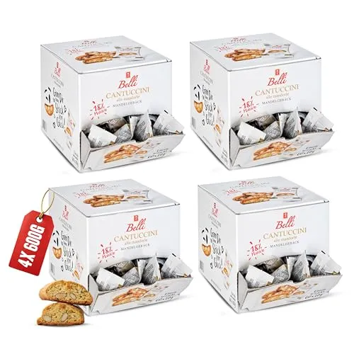 Belli Cantuccini Mandelgebäck 4x600G [DOPPELT GEBACKEN] mit 18% Mandel-Anteil | 60 Kekse pro Box | Italienische kekse | mit Blütenhonig | Biscotti di Prato