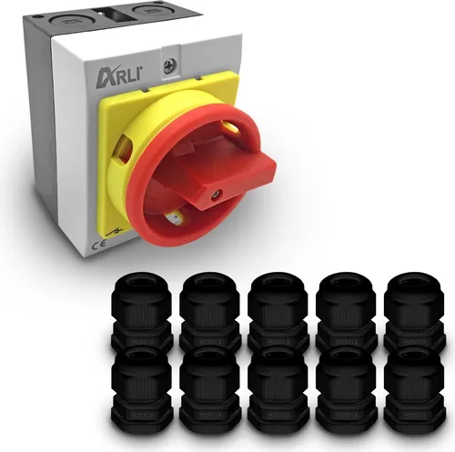 ARLI Hauptschalter 16A 4-polig IP65 Schwarz im Gehäuse + 10x Kabelverschraubung M20 Lasttrennschalter Not-Aus 4P