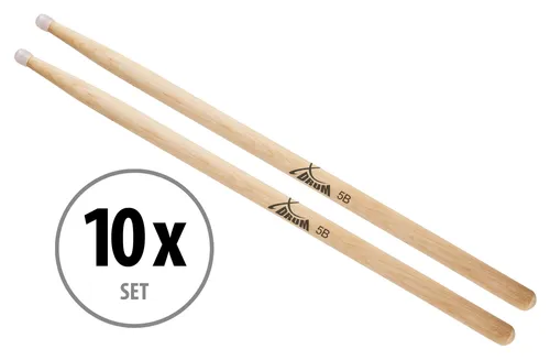 XDrum Schlagzeug Sticks 5B Nylon Tip - 10 Paar im Sparset - Schlagzeug Sticks aus Ahorn, Stärke 5B, mit runder Nylonspitze für verbesserten Klang und Haltbarkeit. Ideal für Musiker, die Wert auf Qualität legen.