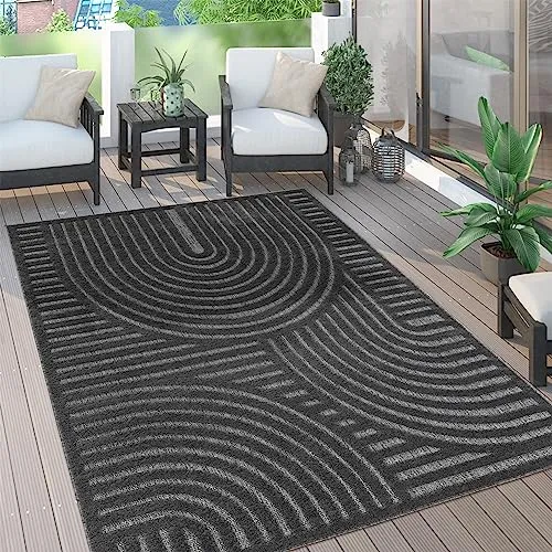 Paco Home Outdoor Teppich - Wetterfest & Langlebig im Modernen Boho-Design - Teppich für Balkon, Garten, Wohnzimmer & Küche, robust und UV-beständig mit 3D-Effekt in Anthrazit, ideal für jede Wohnumgebung.