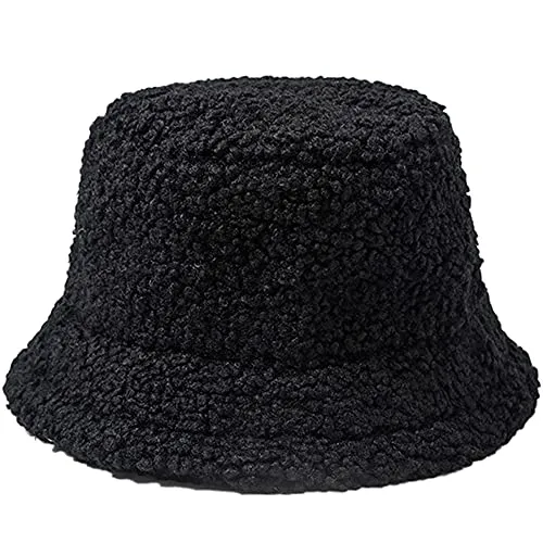 DURINM Appa Hat Damen Fischerhut Winter Appa Bucket Hat Outdoor Wintermütze Lämmer Freizeithut Fluffy Eimer Hut Kunstpelz Flauschige Fischerhüte Faltbar Verdickt Warm Mütze (Schwarz)