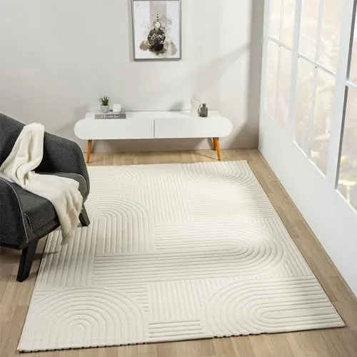 VIMODA Moderner Kurzflor Teppich Wohnzimmer Schlafzimmer Skandinavisch in Creme,Maße:80x150 cm;Farbe:Bogen