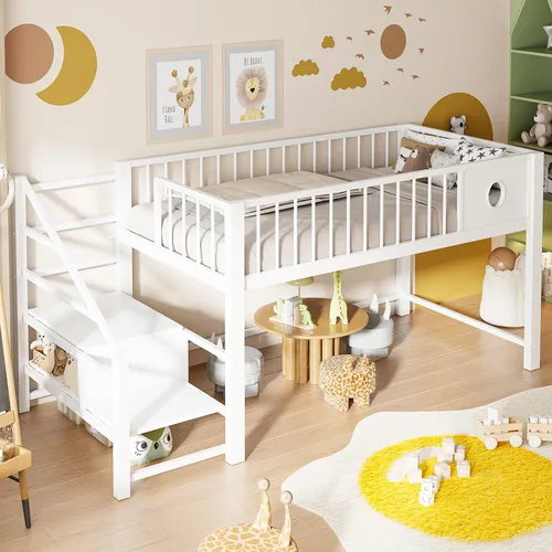 MODFU Kinderbett Einzelbett 90x200 mit Aufbewahrungsleiter und Sicherheitsgeländer