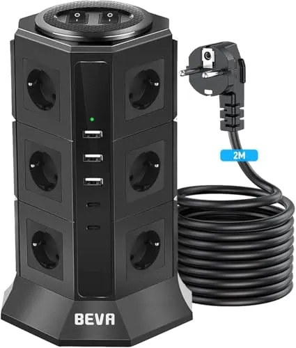 Fach Mehrfachsteckdose 2500W/10A und 2M Kable, BEVA Steckdosenleiste mit USB (3 USB-A + 2 USB-C), Verteilersteckdose mit Schalter, Steckdosenturm Mehrfachstecker für Büro Küche, Schwarz 12