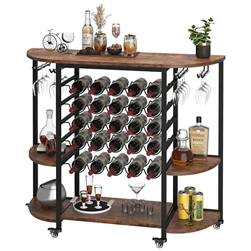 Dripex Weinregal, Weinschrank für 25 Flaschen, Weinständer mit Glashalter und Tischplatte, Weinregale auf Rollen, Wein Aufbewahrung, Barschrank Holz, 119 x40 x 101 cm