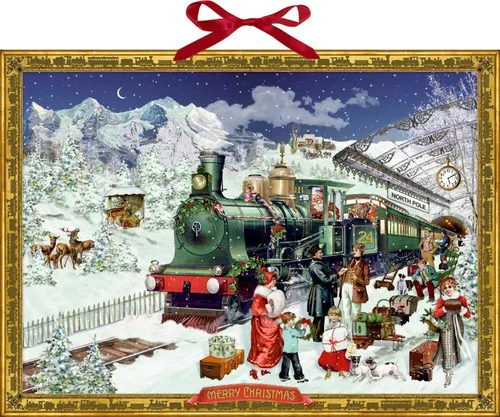 Wandkalender - Nostalgische Eisenbahn - Sonstiges - Adventskalender mit 24 Verwandeltürchen, Glitter und Schleifenband im nostalgischen Eisenbahnmotiv, ideal für Weihnachtsliebhaber!