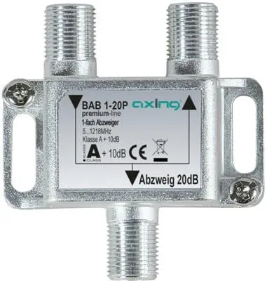 Axing Abzweiger, 1-fach, 20 dB, 5 -1218 MHz, F-Buchse, premium-line, silber(BAB 1-20P)