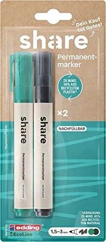 share by edding EcoLine Permanent Marker 2er Set – Marker Set spendet eine Unterrichtsstunde für ein Schulkind – wasserfeste Stifte für fast alle Materialien – grün/schwarz