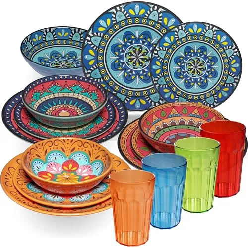Melamin Geschirr Set Toskana Pastel für 4 Personen - 16 Teile - BUNT - Mandala-Optik mit farblich passenden Trinkgläsern 450 ml aus Acryl Essgeschirr Zubehör Campinggeschirr Wohnwagen Camping