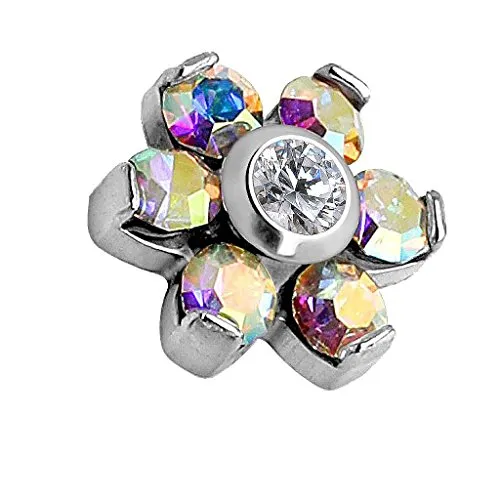 Piercingfaktor Dermal Anchor Piercing Skin Diver Anker Aufsatz Kugel Aufsatzkugel Ball Flach Stecker mit Strass Glitzer Kristall Ferido Blume Silber Rainbow