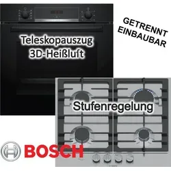 BOSCH Herdset Schwarz mit Hydrolyse und Gaskochfeld 60 cm - BOSCH Herdset: Einbau-Backofen mit 71 l, Hydrolyse-Reinigung und Pizzafunktion. Das Gaskochfeld mit FlameSelect bietet präzise Temperaturkontrolle und hohe Sicherheit. Ideal für moderne Küchenlösungen.
