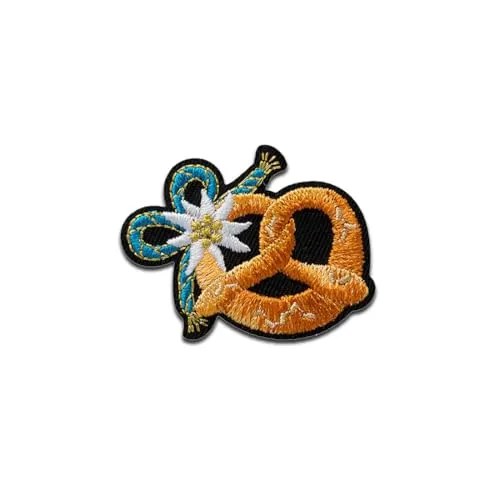 Brezel mit Edelweiß - Aufnäher, Bügelbild, Aufbügler, Applikationen, Patches, Flicken, zum aufbügeln, Größe: 3,3 x 4,3 cm