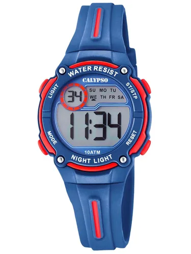 Calypso Jungen Digital Quarz Uhr K6068/4 - Armbanduhren für Damen mit blau-rotem Kunststoffarmband, digitalem Ziffernblatt und praktischer Stopp- und Alarmfunktion für aktive Kids.