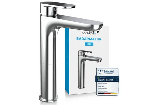 Bächlein Badarmatur Keila hoch - Klassischer Einhebelmischer für Aufsatzwaschbecken - Waschtischarmaturen mit komplettem Montage-Set, inklusive DVGW-geprüften Anschlussschläuchen und innovativem Perlator für optimale Strahlqualität und Langlebigkeit.