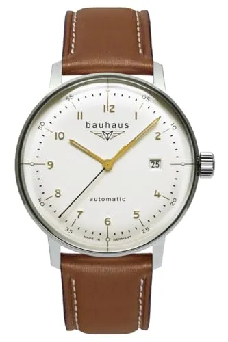 Bauhaus Herrenuhr Automatik 20641 - Chronographen mit Leuchtzeigern und elegantem weißen Ziffernblatt, ideal für stilbewusste Herren. Hochwertiges Glattlederarmband mit braun-weißer Naht.
