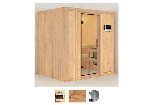 Karibu Sauna Bedine mit 9 KW-Ofen und externer Steuerung - Innensauna für entspannende Wellnessmomente, fördert die Gesundheit durch regelmäßige Saunagänge und unterstützt die Hautpflege.