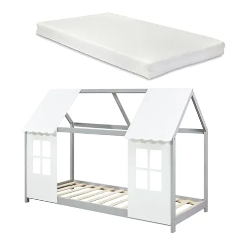 en.casa Kinderbett Tostedt mit Matratze 90x200 cm - Gemütliches Hausdesign in Grau/Weiß - Zauberhaftes Kinderbett in Hausoptik mit bequemer Matratze für optimalen Schlafkomfort. Ideal für Mädchen und Jungen, schafft eine einladende Atmosphäre und fördert die Fantasie.