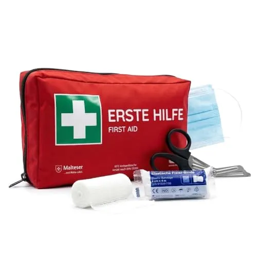 FLEXEO KFZ-Verbandtasche nach aktueller DIN 13164 | Europaweit gültig, gemäß StVZO | inkl. 2 med. Gesichtsmasken | Erste Hilfe Tasche, Set, Verbandskasten, Auto, PKW | Rot