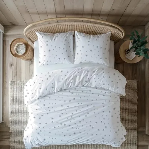 MTOnlinehandel Biber Bettwäsche 135x200 - Winter Sterne Design - Bettwäsche-Set in elegantem Wintermotiv, 100% Baumwolle, besonders anschmiegsam und warm. Ideal für ein modernes Schlafzimmer und pflegeleicht bei 60°.