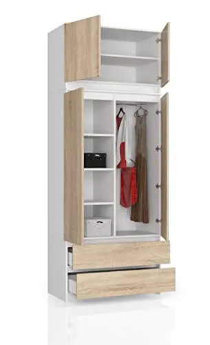 BDW Kleiderschrank mit 4 Türen, 4 Einlegeböden, Kleiderbügel, 2 Schubladen - Aufbewahrungsschrank - Moderner Schrank für das Schlafzimmer Wohnzimmer Diele - 234x90x51cm - Weiß/Eiche Sonoma