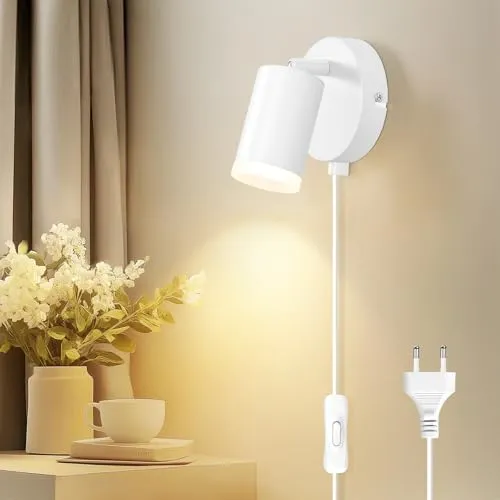 Dehobo Wandleuchte mit Stecker und Schalter - LED Wandlampe Innen GU10 Matt Weiß Rund Drehbare 350°- Wandleuchte mit Kabel für Schlafzimmer Studie Büro - Ohne Leuchtmittel