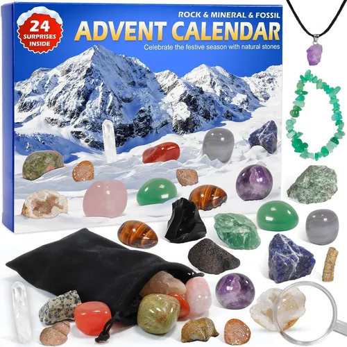 Adventskalender 2024 Kinder Kristalle Fossilien - Adventskalender mit Edelsteinen und Fossilien - Fördert die Geologie-Leidenschaft von Kindern mit 24 Überraschungen, inklusive Kristallkette und Armband für eine festliche und lehrreiche Adventszeit.